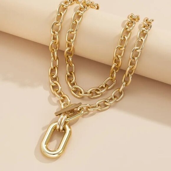 18K Gold Plated Layered Chunky Paperclip Toggle Link Necklace Set NWT - Picture 1 of 10